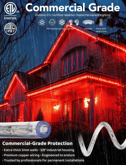 Red Outdoor Rope Lights 100 Feet With 1116 LEDs, Waterproof 360 Degree Omnidirectional Illumination on house exterior at night