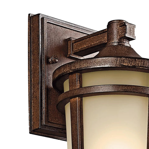 Close-up of Atwood 11 Inch Outdoor Wall Light In Brown Stone Finish With Light Umber Mist Glass 1 Light Exterior Wall Sconce For Porch Or Patio Rustic Lodge Style Weather Resistant Durable