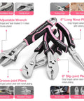 Pink 277 Piece Home Repair Kit with 13 Inch Tool Bag featuring adjustable wrench, long nose pliers, groove-joint pliers.