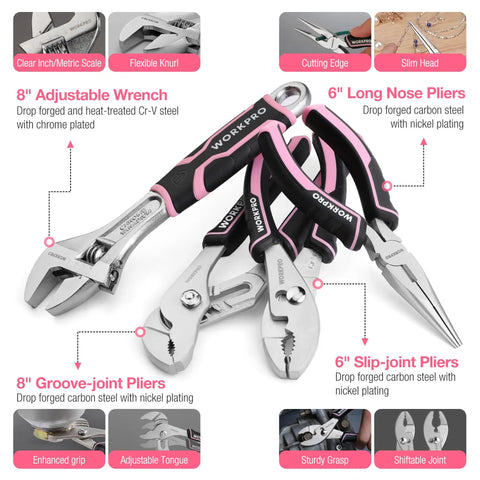 Pink 277 Piece Home Repair Kit with 13 Inch Tool Bag featuring adjustable wrench, long nose pliers, groove-joint pliers.