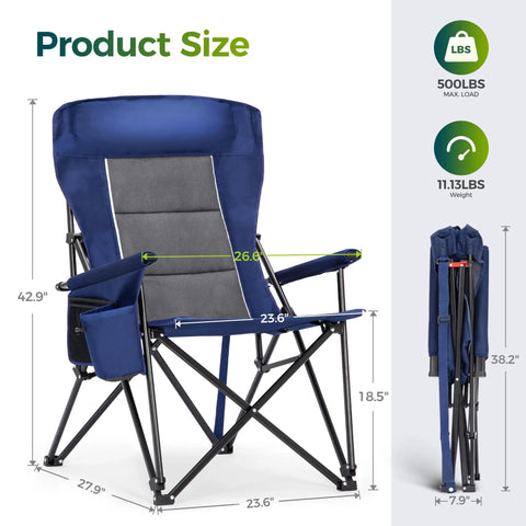 Oversized Folding Camping Chair With High Back Support Heavy Duty Lawn Chair For Adults Supports Up To 500 Lbs with size details