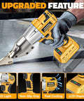 Cordless Sheet Metal Cutter Nibbler with brushless motor delivers 221 foot-pounds of torque, cuts through 18 gauge steel, 20V battery not included, showing features like LED light and non-slip grip.