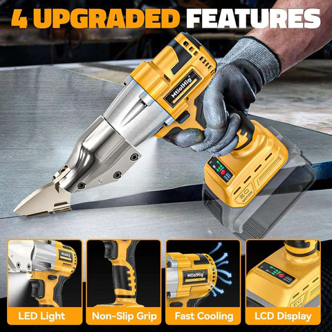 Cordless Sheet Metal Cutter Nibbler with brushless motor delivers 221 foot-pounds of torque, cuts through 18 gauge steel, 20V battery not included, showing features like LED light and non-slip grip.