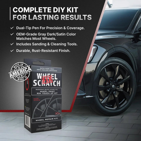 Top Shelf Matte Gray Rim Touch Up Paint For Alloy Wheels And Metal Rims Diy Wheel Scratch Fix Kit To Banish Curb Rash With Easy Dual Tip Applicator Pen box with sleek dark car and alloy wheel.