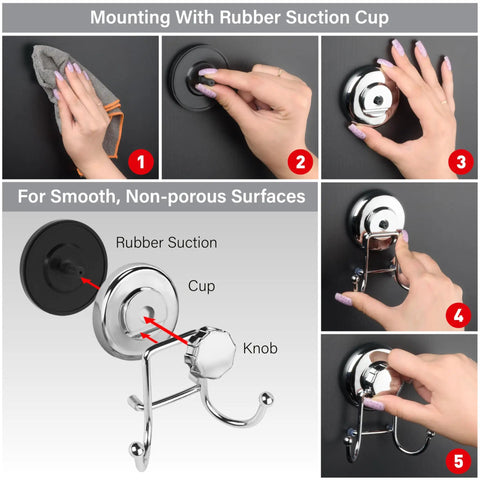 Powerful Vacuum Suction Cup Hooks Set No Drill Stainless Steel Towel Hanger And Organizer For Towels Bathrobes Loofahs Rustproof Heavy Duty Bathroom And Kitchen Storage Includes 3M Adhesive Discs 2 Pack