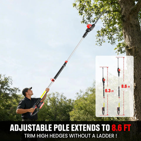 Man using Ultra Lightweight Cordless Pole Hedge Trimmer With Dual Batteries And Charger, 18 Inch Blade, extended to trim tall tree branches.