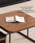 Modern Square Nesting Coffee Table Set Of Two Industrial Stacking Side Tables With Storage Drawers Solid Wood Accent Furniture For Living Room close-up of walnut solid wood tabletop with magazine