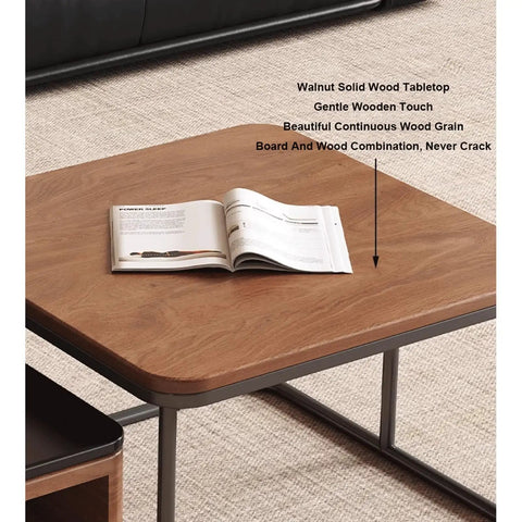 Modern Square Nesting Coffee Table Set Of Two Industrial Stacking Side Tables With Storage Drawers Solid Wood Accent Furniture For Living Room close-up of walnut solid wood tabletop with magazine