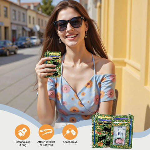 Woman holding Slim Cat Themed RFID Wallet For Women Front Pocket Card Holder with Cute Black Cat Design in sunny street