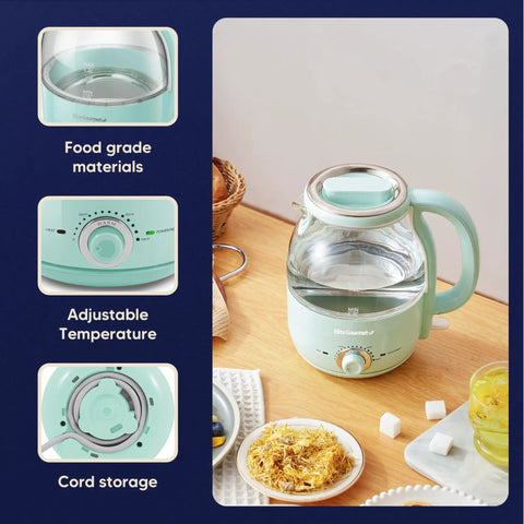 Super Fast Boil Electric Glass Kettle 1.2L 1200W with adjustable temperature control and keep warm mint finish on counter.