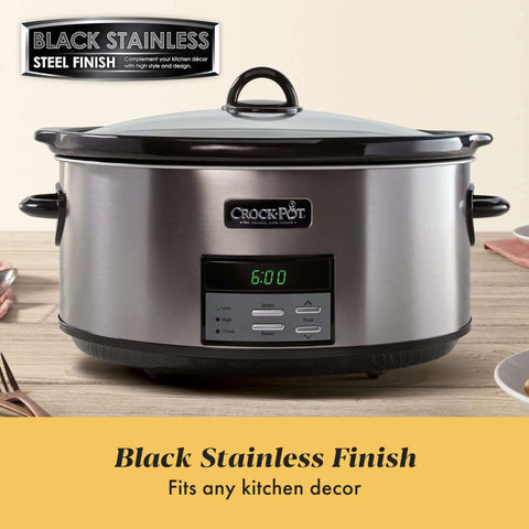 8-Quart Go-To Programmable Slow Cooker With Auto Warm, Digital Timer, And Easy Cleanup in Black Stainless Steel on counter