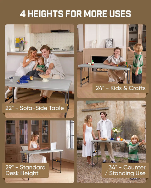 Four Foot Outdoor Folding Table With Quick Adjustable Height shown in different settings; indoor sofa-side, desk, and outdoor dining.