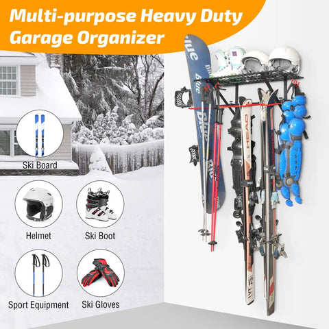 Wall Mounted Ski Rack With Dope Overhead Storage Shelf, Heavy Duty Steel Gear Organizer For Garage Or Shed, Customizable Spacing