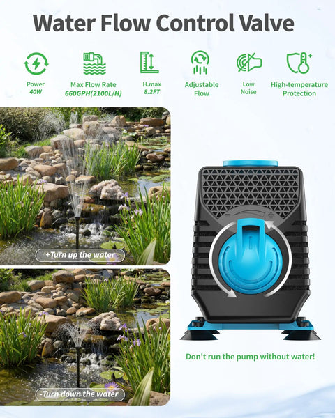 Cool RGB Pond Fountain With LED Lights 660GPH submersible pump controls and features with adjustable water flow valve for garden ponds and tanks.