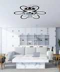 5 Pc Ceiling Fan with Lights Remote Control 25 inch Black 6 Speeds 3 Light mounted in modern living room.