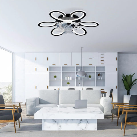 5 Pc Ceiling Fan with Lights Remote Control 25 inch Black 6 Speeds 3 Light mounted in modern living room.