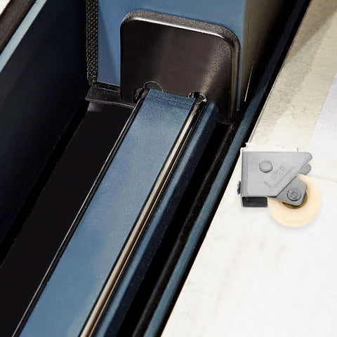 Heavy Duty Sliding Door Pulley Wheel With Adjustable Track Roller For Slick Silent Glide Operation, close-up of stainless steel track and wheel.