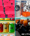 Collage of numbered chairs, vending machines, jars, and booths with numbers on various objects.
