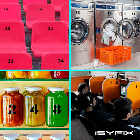 Collage of numbered chairs, vending machines, jars, and booths with numbers on various objects.