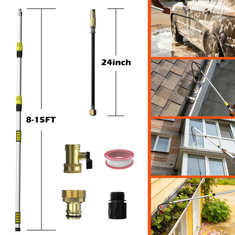 All In One Gutter Cleaning Kit With Telescopic Pole Reaching Up To 24 Feet Flexible Wand And Adjustable Flow Shut Off Clean From Ground