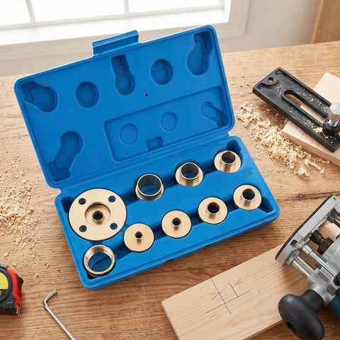 Kickass 11 Piece Brass Router Bushing Kit With Universal Lock Nuts And Heavy Duty Case open on a table with brass pieces visible.