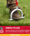 Long Handle Core Lawn Aerator And Dethatcher For Grass, Easy Soil Core Removal To Beat Compaction, tool in use on lawn