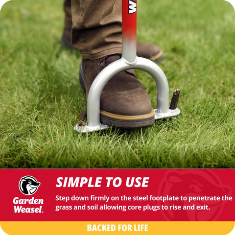 Long Handle Core Lawn Aerator And Dethatcher For Grass, Easy Soil Core Removal To Beat Compaction, tool in use on lawn