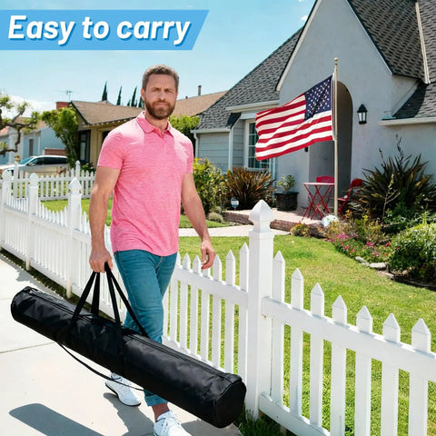 Man carrying Flag Pole Carry Bag For Tailgates And Color Guard Gear, Heavy Duty 60x6 Inch Oxford Fabric Case With Handles And Zipper
