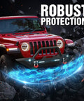 Heavy Duty Steel Front And Rear Bumper Kit For Jeep Gladiator JT Built Like A Tank For Rugged Dirt Roads Winch Ready Bull Bar at night.