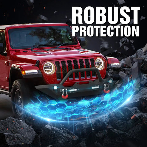 Heavy Duty Steel Front And Rear Bumper Kit For Jeep Gladiator JT Built Like A Tank For Rugged Dirt Roads Winch Ready Bull Bar at night.