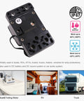 Heavy Duty 150 Amp Circuit Breaker With Manual Reset For 12V To 48V DC Systems Marine ATV Trailer Waterproof Three Eighths Inch M10 Studs Ignition Protected UL Rated Solar Battery Stereo Electronics on white background, showing IP67 rating and temperature range.