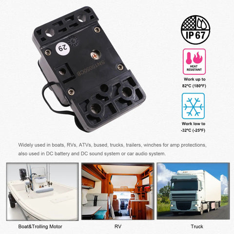 Heavy Duty 150 Amp Circuit Breaker With Manual Reset For 12V To 48V DC Systems Marine ATV Trailer Waterproof Three Eighths Inch M10 Studs Ignition Protected UL Rated Solar Battery Stereo Electronics on white background, showing IP67 rating and temperature range.