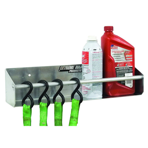 Wall Mount Aluminum Tie Down Hanger Storage Rack Shelf For Enclosed Trailer, Shop, Or Garage, Keeps Aerosol Cans, Jugs, And Gear Organized And Ready To Roll with hooks and containers