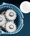 Close-up of Twenty Pieces Plastic Gear Set With 28 Teeth Double Gears for RC cars and DIY robots in use, showing white finish.