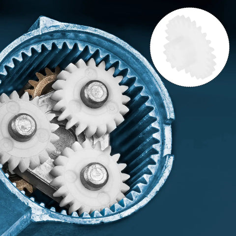 Close-up of Twenty Pieces Plastic Gear Set With 28 Teeth Double Gears for RC cars and DIY robots in use, showing white finish.