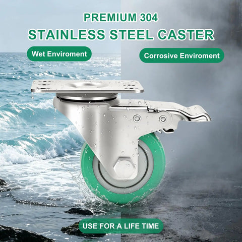 Heavy Duty 3 Inch Stainless Steel Caster Wheels Set Of Four 304 Metal Casters Rust Proof Anti Corrosion Swivel Brakes on wet surface.