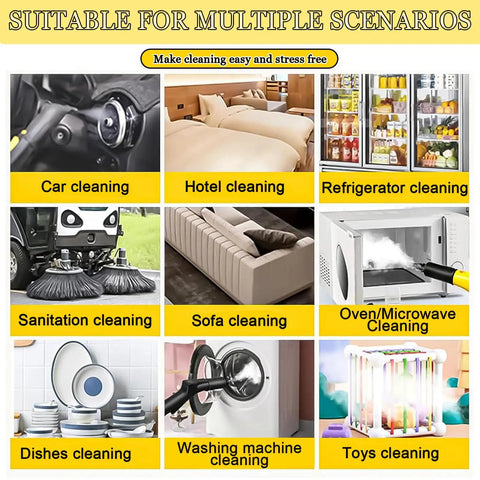 Image showcasing various cleaning applications for the Sotikarery 3.5L Steam Cleaner With Ozone Function.