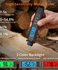 Pocket Moisture Meter With 7 Modes And Detachable Pins For Wood, Compact DIY Wood Tester For Lumber And Furniture, Pocket Sized Probes For Easy Replacement, Quick Accurate Readings. Handheld wood moisture meter with display and pins on lumber.