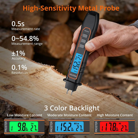 Pocket Moisture Meter With 7 Modes And Detachable Pins For Wood, Compact DIY Wood Tester For Lumber And Furniture, Pocket Sized Probes For Easy Replacement, Quick Accurate Readings. Handheld wood moisture meter with display and pins on lumber.