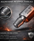 25 Piece Pro Grade Screw Extractor Set With Hex Head Multi-Spline Easy Out Bolt Remover Tool Heavy Duty Cr-Mo Steel EZ Out For Removing Stripped Broken Rusted Bolts And Screws Ideal Fathers Day Gift, close-up view showing aggressive reverse thread and text details on extractor tip.