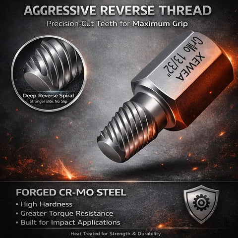 25 Piece Pro Grade Screw Extractor Set With Hex Head Multi-Spline Easy Out Bolt Remover Tool Heavy Duty Cr-Mo Steel EZ Out For Removing Stripped Broken Rusted Bolts And Screws Ideal Fathers Day Gift, close-up view showing aggressive reverse thread and text details on extractor tip.