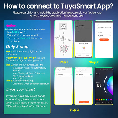 Instructions on connecting 25ft Smart LED Strip Lights For Bedroom RGB Color Changing With Music Sync to TuyaSmart App.