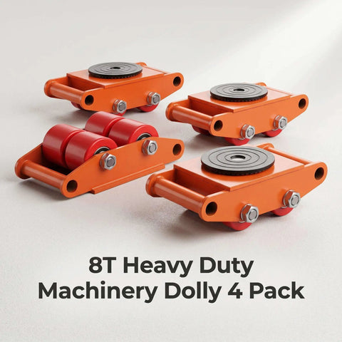 8T heavy duty machinery dolly 4 pack, orange steel skate dollies with red rollers and swivel top plates