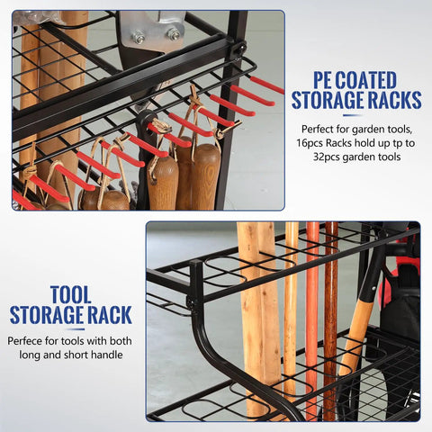 PE coated storage racks on Deluxe Tower Garden Tool Organizer With Wheels For Garage And Shed, tool storage rack detail