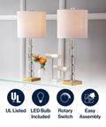 2-Pack 28.5-Inch Clear Crystal Table Lamps With Brass Gold Accents, Dope Modern Glam Geometric Bedside Lamps, White Linen Drum Shade