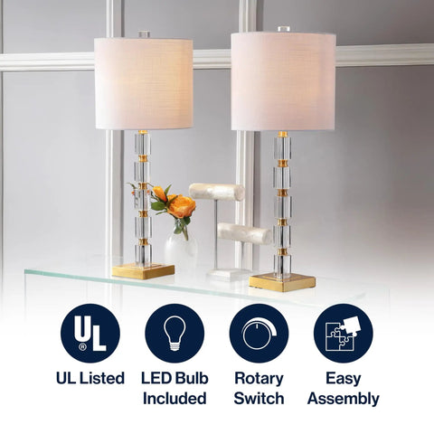 2-Pack 28.5-Inch Clear Crystal Table Lamps With Brass Gold Accents, Dope Modern Glam Geometric Bedside Lamps, White Linen Drum Shade