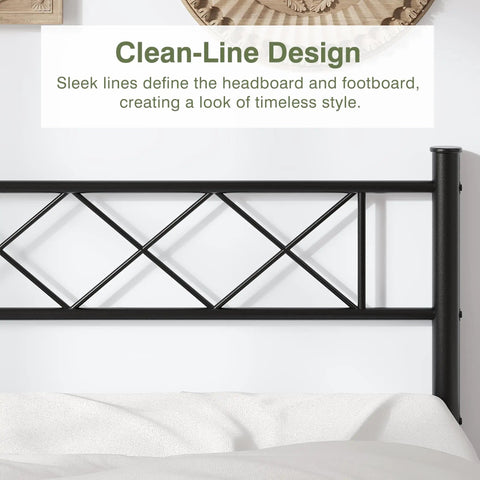 Queen Size Bed Frame With Integrated Headboard, Hella Sturdy Steel Base, Built Like A Tank For Serious Support, Zero Box Spring Drama Required, Effortless Assembly Design In Classic Matte Black headboard featuring sleek, clean lines and diamond pattern.