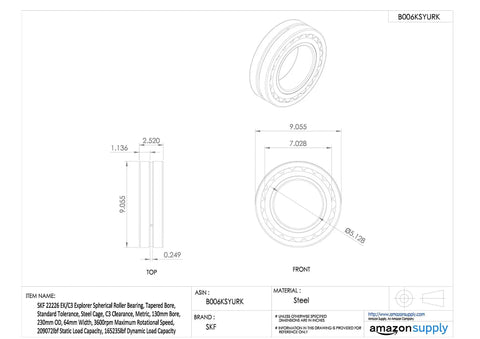 Two Row Spherical Roller Bearing 130mm Bore With Pressed Steel Cage, technical drawing with dimensions and material details.