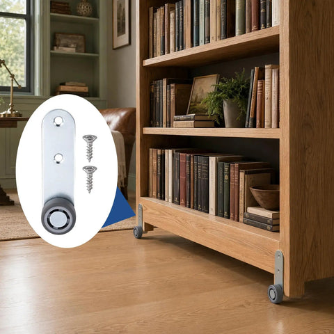 Durable Steel Construction Two Pack 1.5 Inch Anti Sag Door Support Wheels Low Profile Caster Hardware for bookshelves with screws