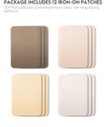 Premium Quality Fabric Iron On Patches Kit With Ultra Strong Glue, 12 patches in shades of brown beige and khaki displayed